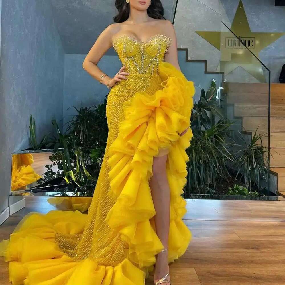 Mermaid Evening Dresses Sequins Beads Lace Pleat Tiered Side Split Sweetheart Court Gown Prom Dress Vestido De Noite Customized 6660312