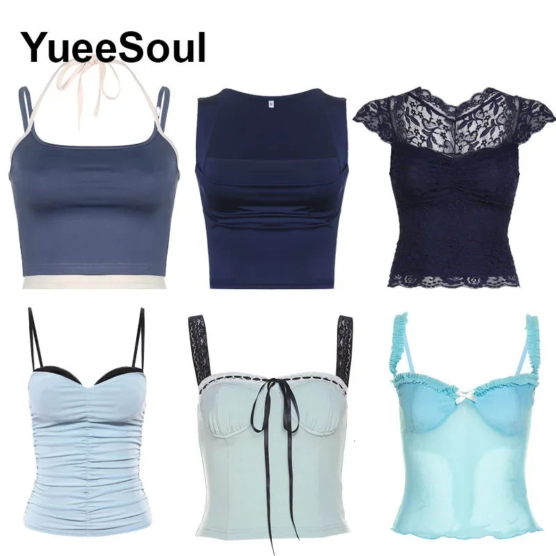Blue Sweet Cute Tops Printed Sleeveless Sexy Slim Basis Crop Top Summer 2000s Y2K Fairycore Camis Women Clothing 250225