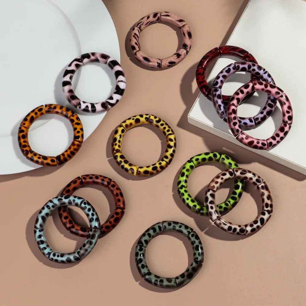Colorful Leopard Big Bamboo Tube Beaded Acrylic Bracelets for Women Men Boho Elastic Curved Resin Bangle Stack Jewelry Gifts 250225