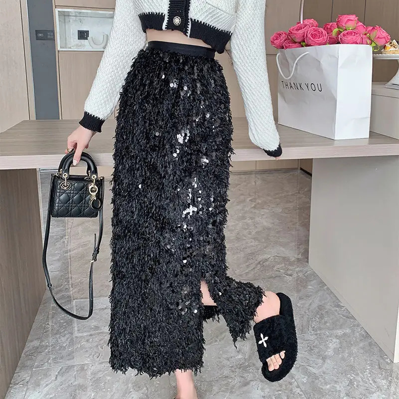 A Line Jupe Heavy Industry Sequin Tassel Feather Skirts Black Vintage Office Lady Women Skirt Faldas Mujer Moda 2025 Long 250225