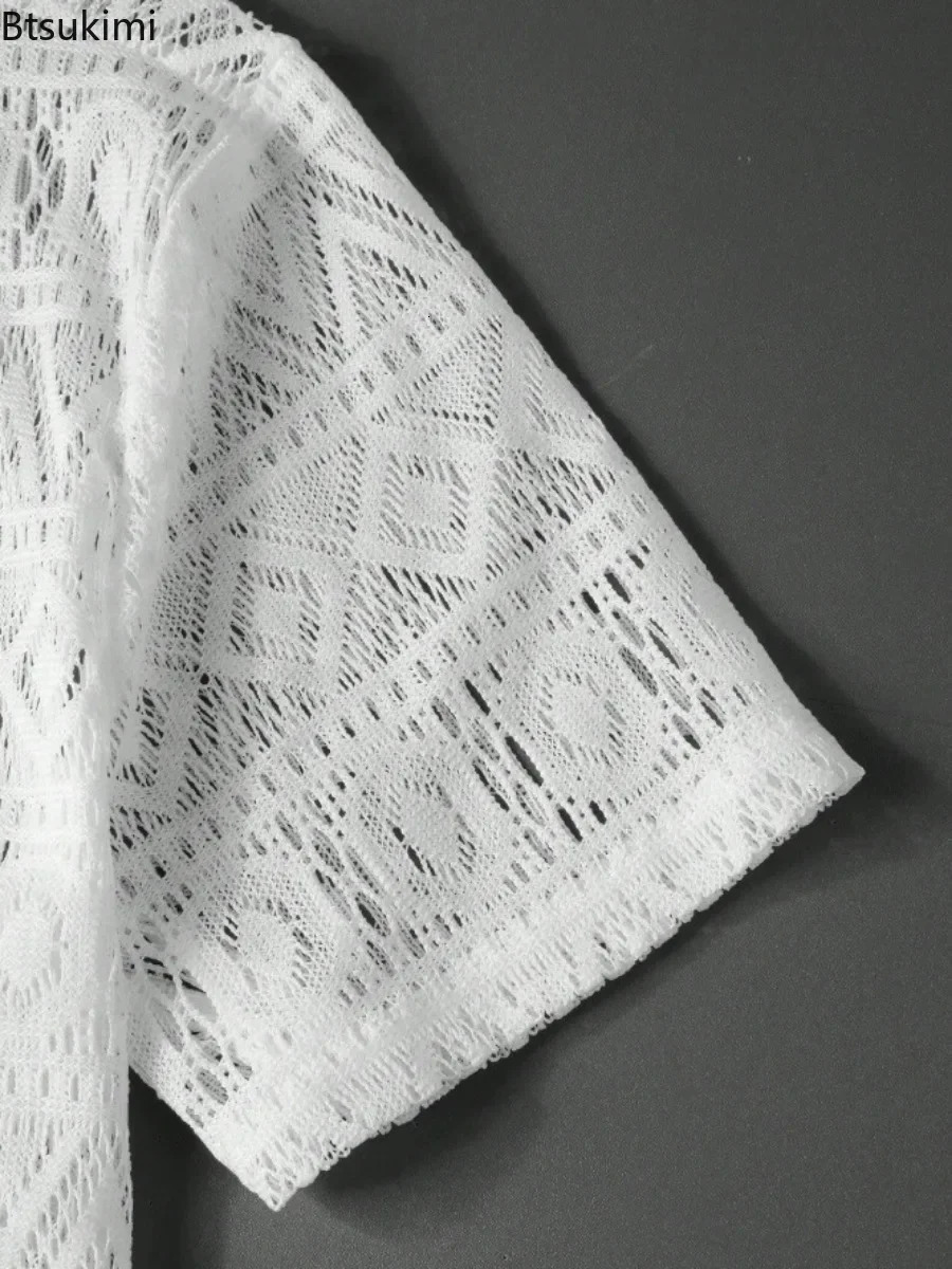 Summer Fashion Mens Lace Hollow Out Shirts Solid Breathable Casual Short-sleeved Cardigan Sexy See Through Mesh Blouse for Male 250222