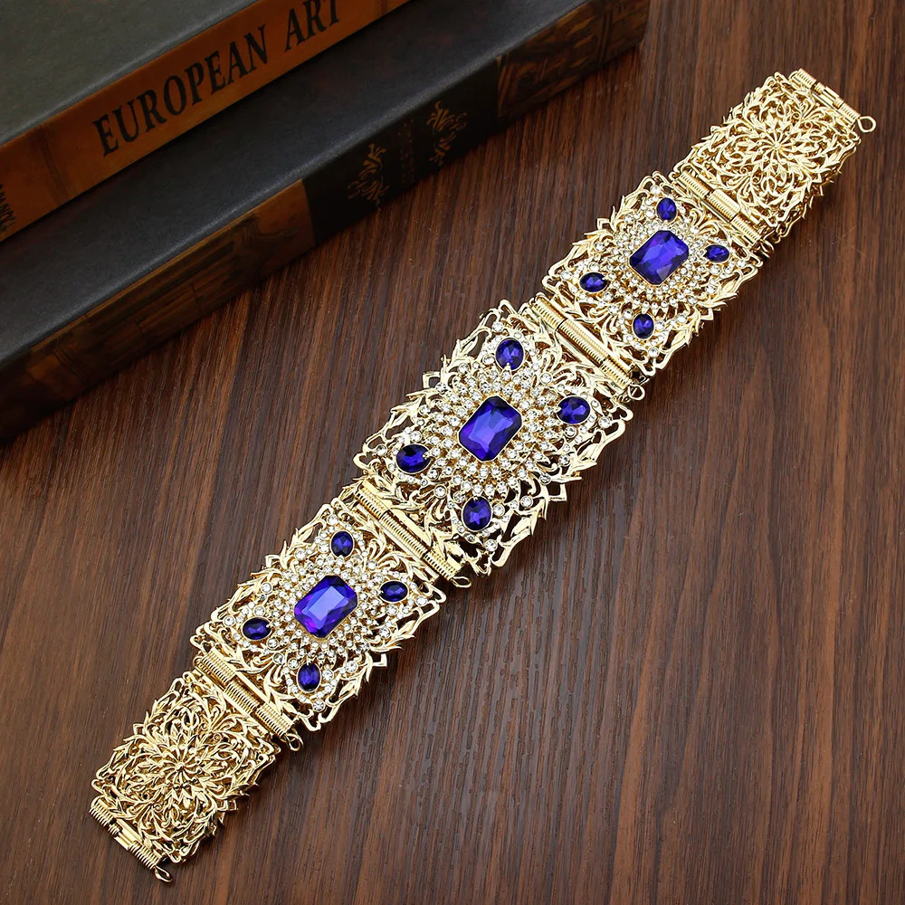 Sunspicems Gold Color Blue Crystal Morocco Caftan Belt For Women Algera Bride Wedding Belt Jewelry Decorative Waist Chain 250225