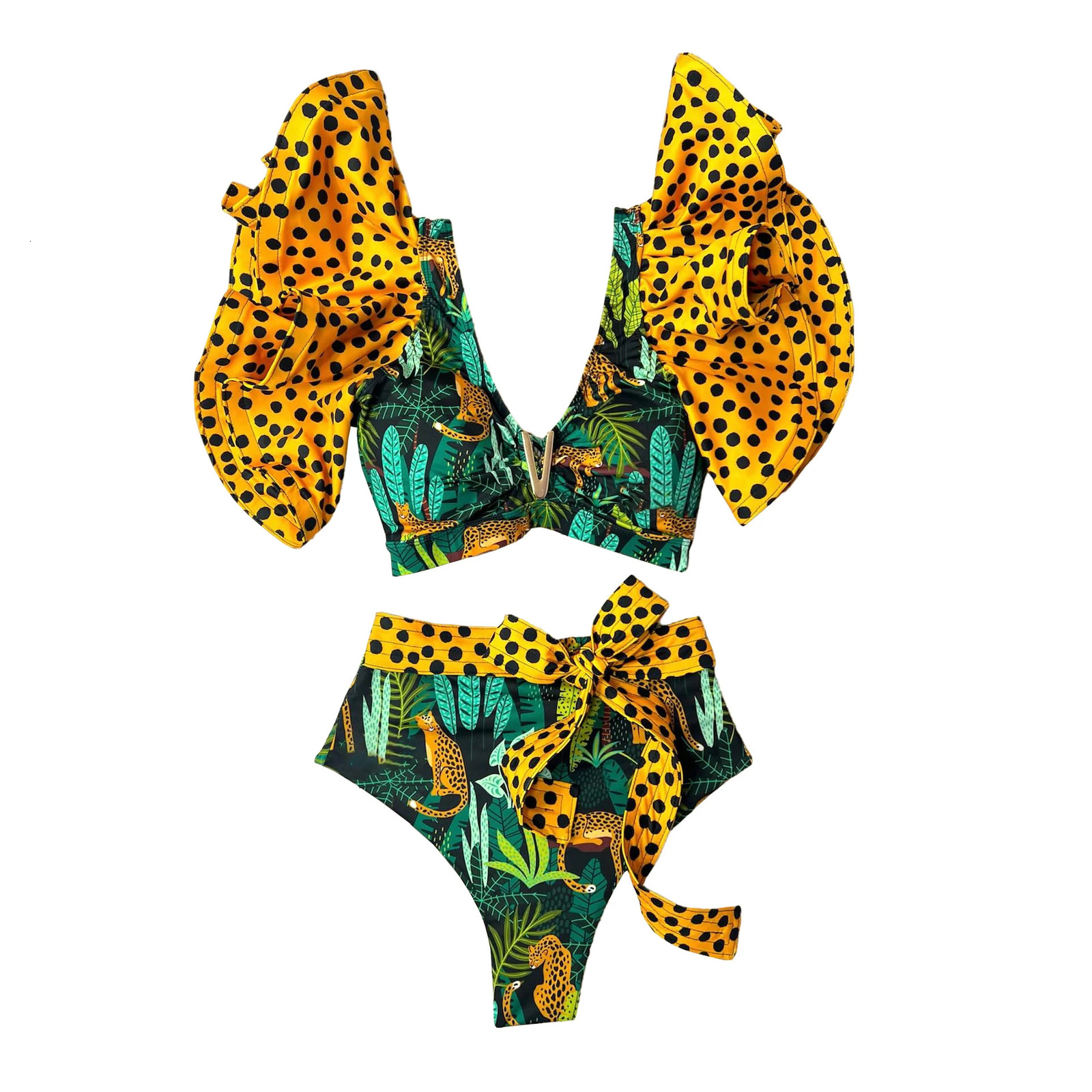 Sporlike V-Neck High Waist Bikini Sets Shoulder Ruffled Sexy Printed Swimsuit Two Pieces Swimwear Women 2025 Bathing Suits 250226