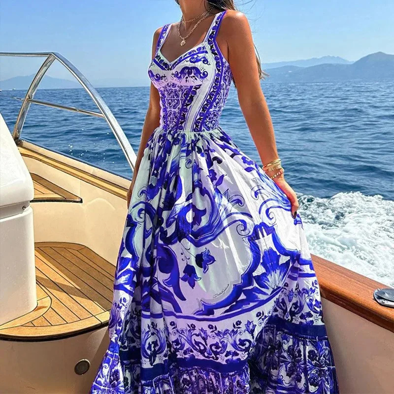 2025 Summer European And American Womens Fashion Bohemian Elegant Light Midi Length Printed Strap Dresses250222