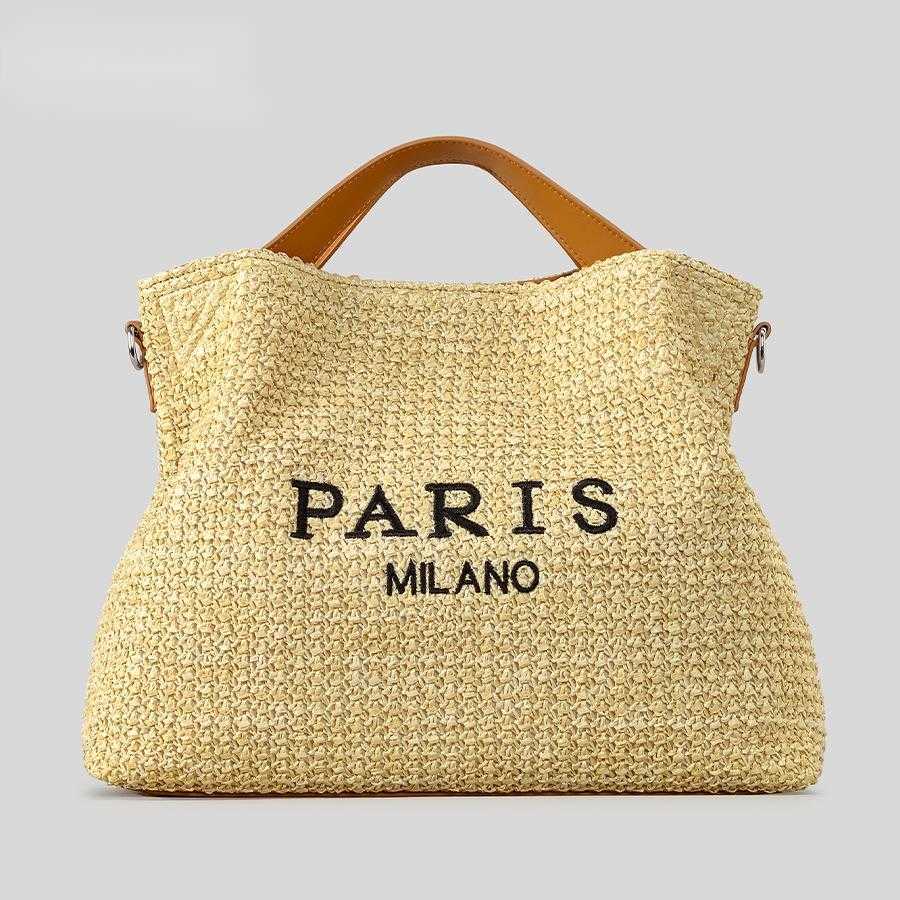 French woven bag, beach vacation bag, women's letter embroidery, large capacity tote bag, summer single shoulder crossbody bag 250215