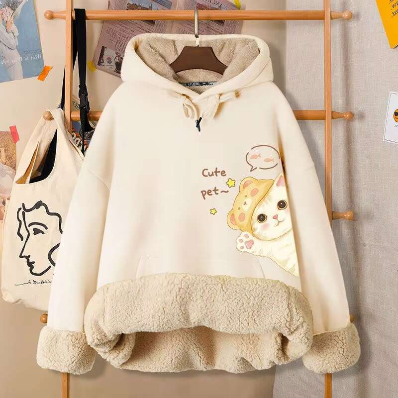 2023 Hoodies Women Lovely Cat Winter Thickened Puff Printing Fashion Hot Sale High Quality Pullover Hoodie
