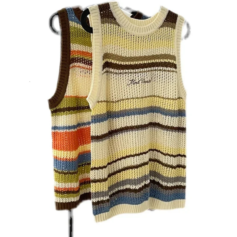 Fashion Striped Hollow Knitted Vest Mens Summer Color Matching Sleeveless Tshirt Loose Couple Vests Tops Male Clothes 250225