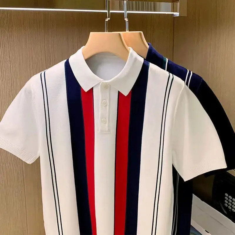High Quality Summer Mens Knitting Short Sleeve T-Shirt Men Casual Button Fashion Top Fashion Polo Shirt 250225
