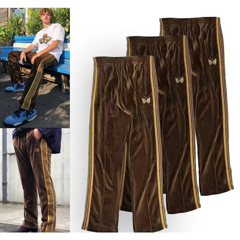 2025Needles Track Casual Black Velvet Drawstring Pants Men Women Jogger Striped Sweatpants Butterfly Embroidery Track Trousers 250226