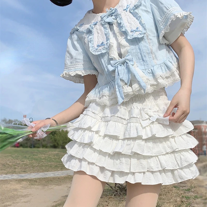 Japanese Style Kawaii Lolita Mini Skirt Women Gothic High Waist Ruffle Tiered Skirts Sweet y Summer Harajuku Y2k Short Skirt 250225