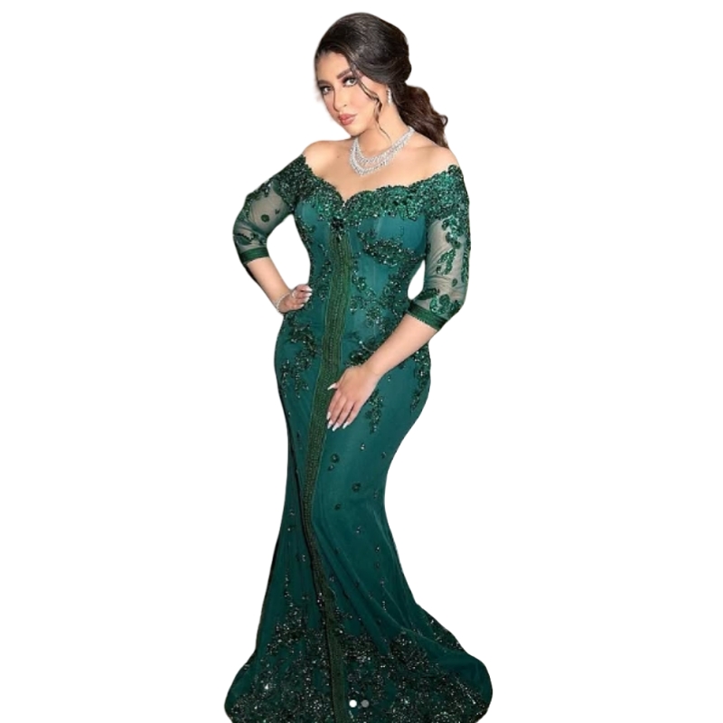 Elegant Arabic Kaftan Evening Dresses Dark Green Mermaid Formal Dress With Sleeves Lace Appliques Beaded Modern Prom Occasion Gown For Women 2025