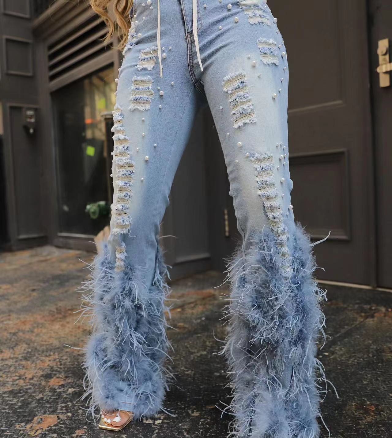 D8711 New Fashionable Casual Jeans with Nail Beads and Long Hairy Jeans 201105