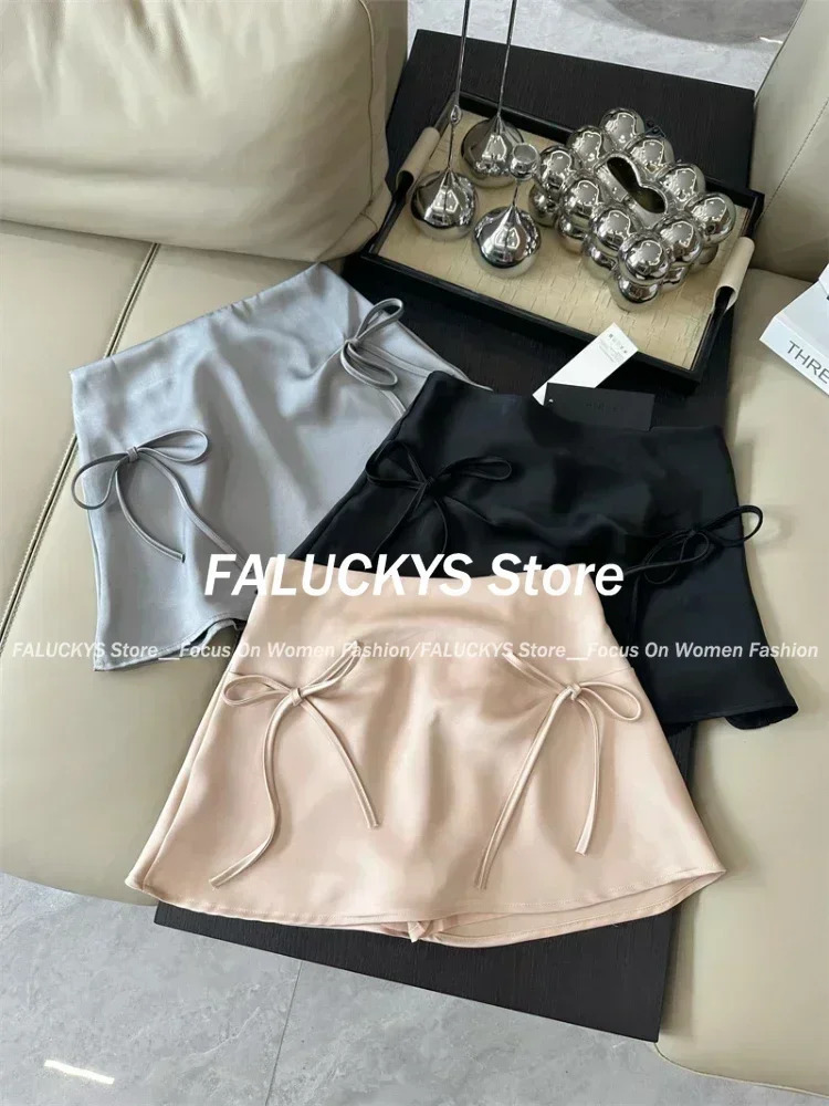 Bow Lace-up Satin Y2k Mini Skirts Women Pink Korean Style A-Line Skirts Summer High Waist Sexy Slim Sweet Short Skirts 250225
