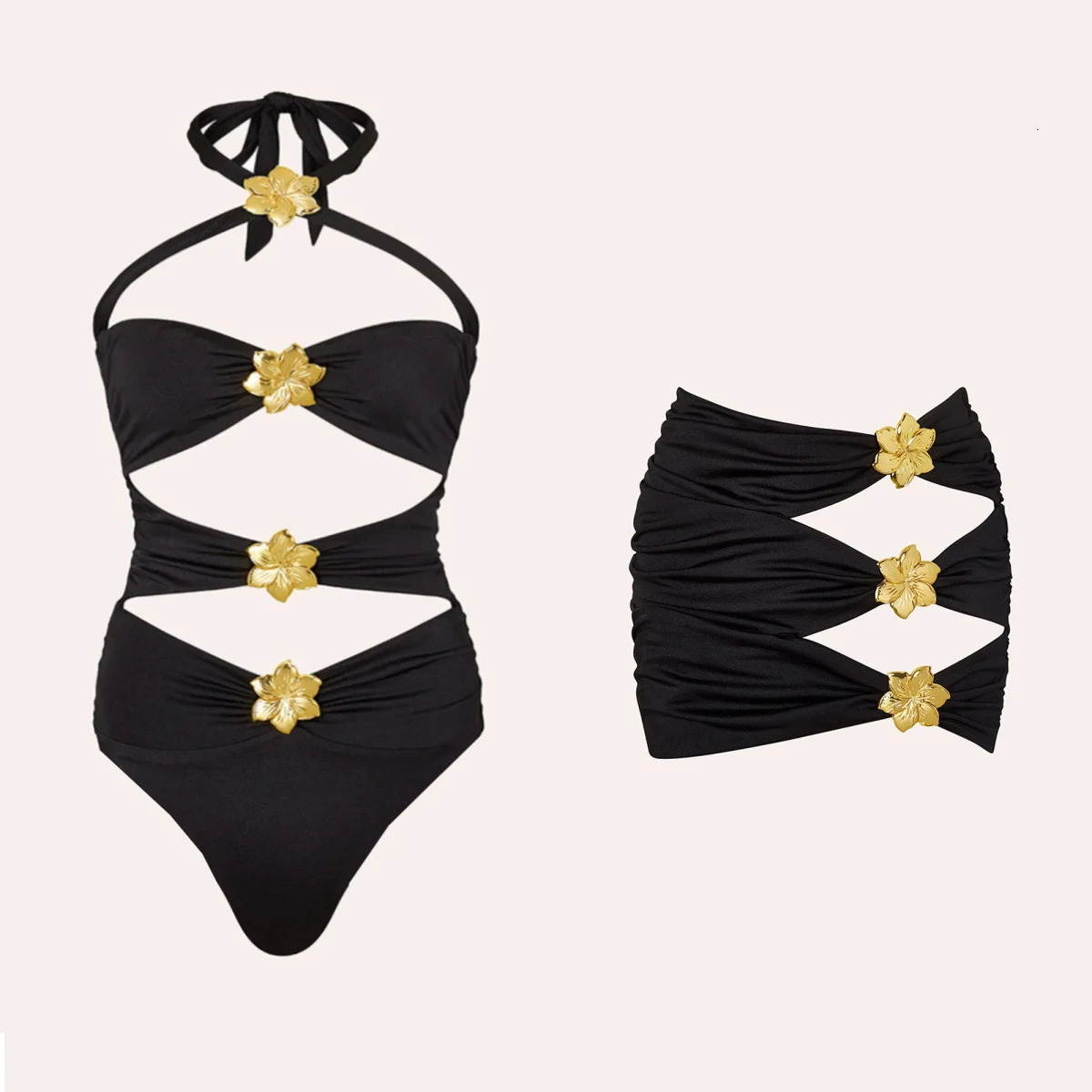 Diamond Swimsuit With Beach Skirt Swimwear Women Cut Out Swim Suits Sexy Bikini Female Gold Sliming Bodysuit Beachwear 250225