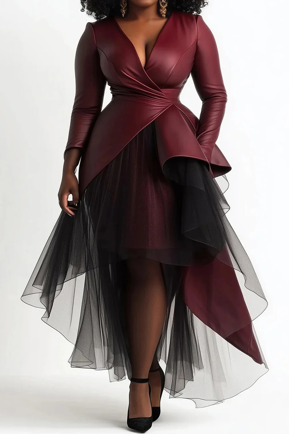 Plus Size Cocktail Party Burgundy Wrap Neck Long Sleeve Asymmetric Hem Contrast Tulle PU Leather Midi Dresses 250225