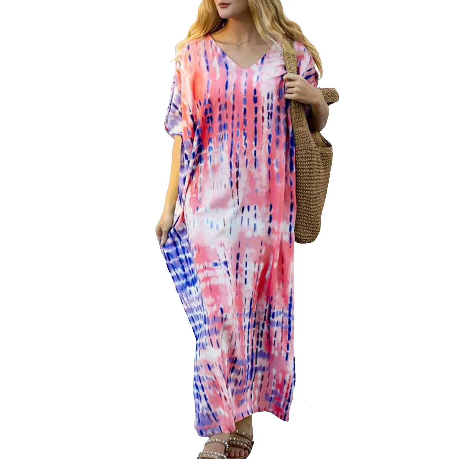 Womens Plus Size Kaftans Casual V Neck Puff Sleeve Boho Loose Floral Long Soft Beach Maxi Summer Swing Party Dresses For Women 250225