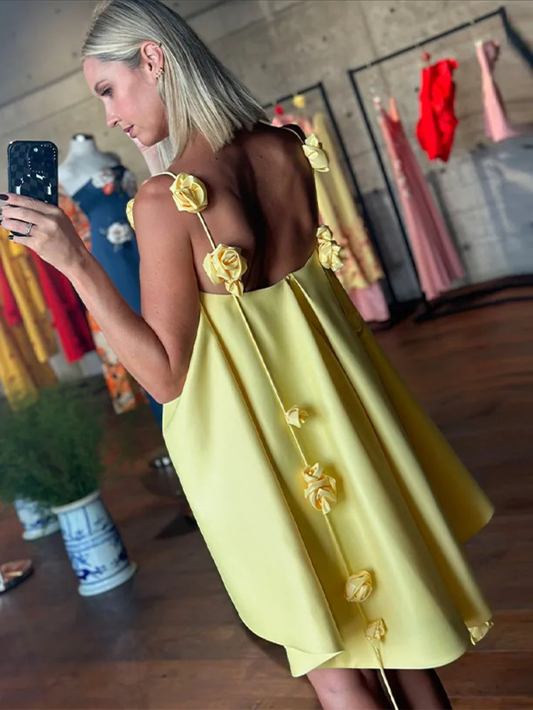 3D Rose Ribbon Satin Mini Dress Women Sleeveless Backless Strap Vacation Dresses Female Beach Street Loose Party Evening Robe 250225