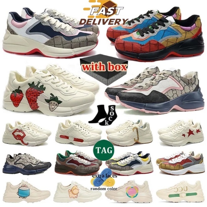 With Box Designer Womens Casual shoes Rhython shoes Men Women sneaker lip sports thick soled cartoon letters thick soleg family beige camel outdoor Walking Sneakers