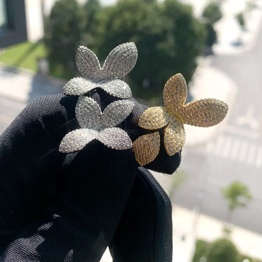 2025 Iced Out Sparkling Cubic Zirconia Cz Leaf Flower Open Adjusted Rings High Quality Women Bridal Wedding Jewelry 250225