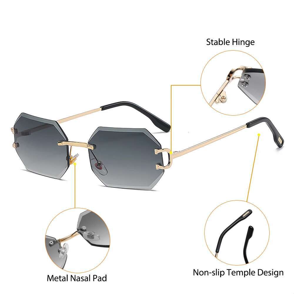CATERSIDE Rimless Polygon Men's Sunglasses Octagonal Vintage Shades Gradient Traveg UV400 Women Sun Glasses Party Business