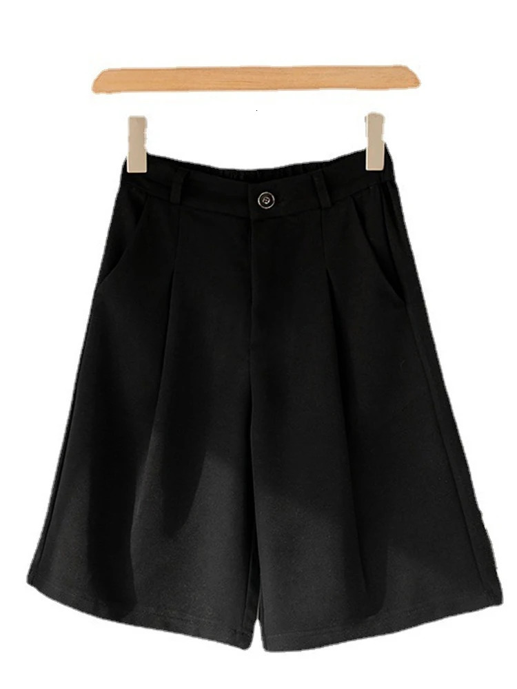 Casual High Waist Wide Leg Suits Shorts Womens Summer Office Lady Loose Shorts for Women Solid Black Knee Length Baggy Shorts 250226