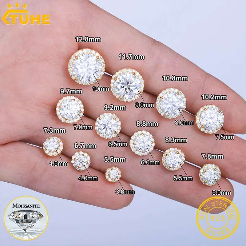 TUHE Unisex Classic Round VVS1 Moissanite For Women Fine Jewelry Wedding Lab Dia Sier Earring Gift