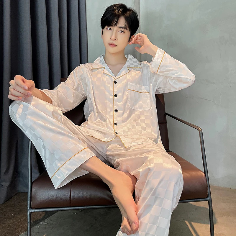 Mens sleepwear set with satin silk large-sized sleepwear spring and autumn sleepwear home clothing plain weave sleepwear large 4X long sleeved evening