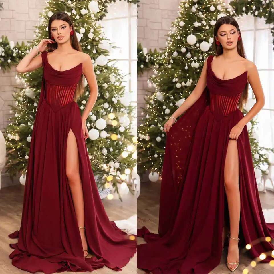 Gorgeous Evening Dresses One-Shoulder Beads Sparkly Sequins Side Split Sweep Train Prom Dress Vestido De Noite Customized