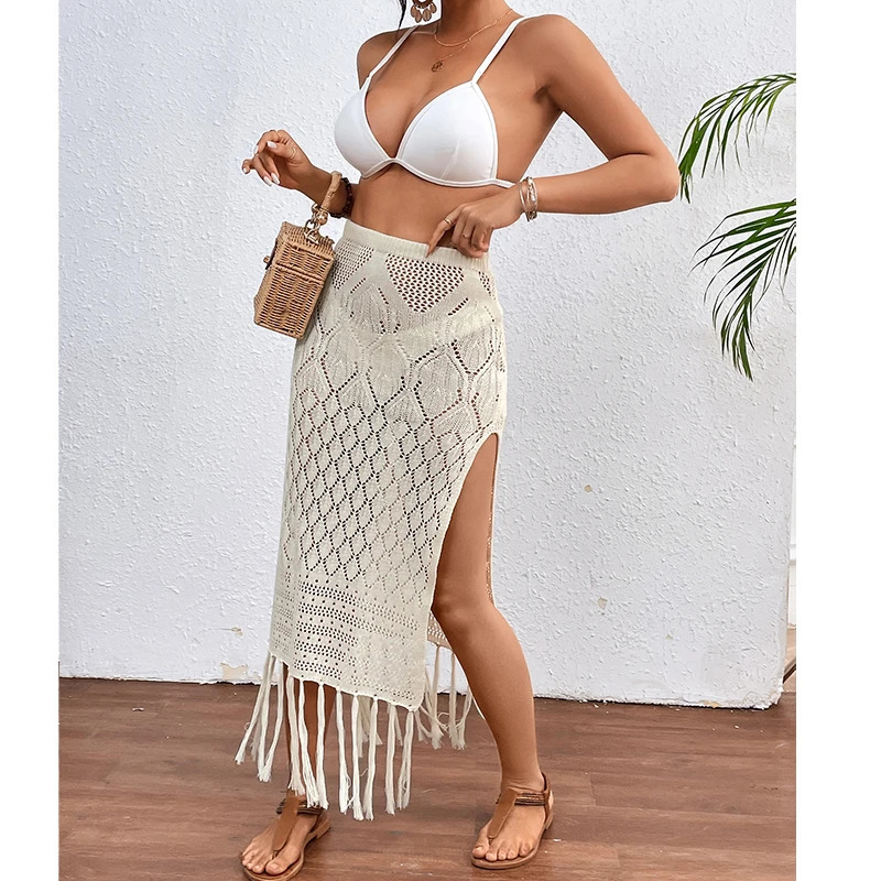 Women Knitted Texture Sarong Skirts Sexy High Slit Tassel Cover-Up Beach Summer Vacation Wrapped Skirt Bikini Cover Up 250225
