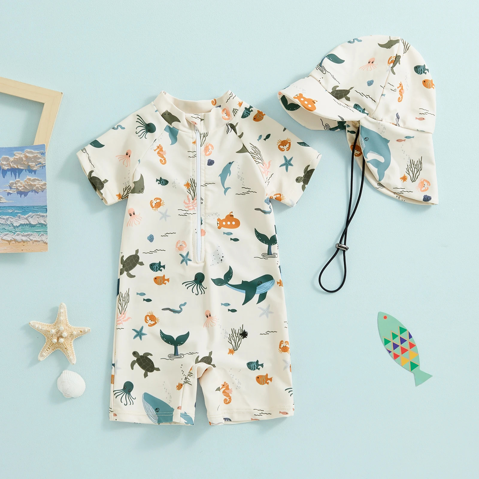 Infant Baby Boys Swimsuit Sun Protection Bathing Suit Toddler Short Sleeve Animal Print Zipper Swimwear Hat Children Beachwear 250225