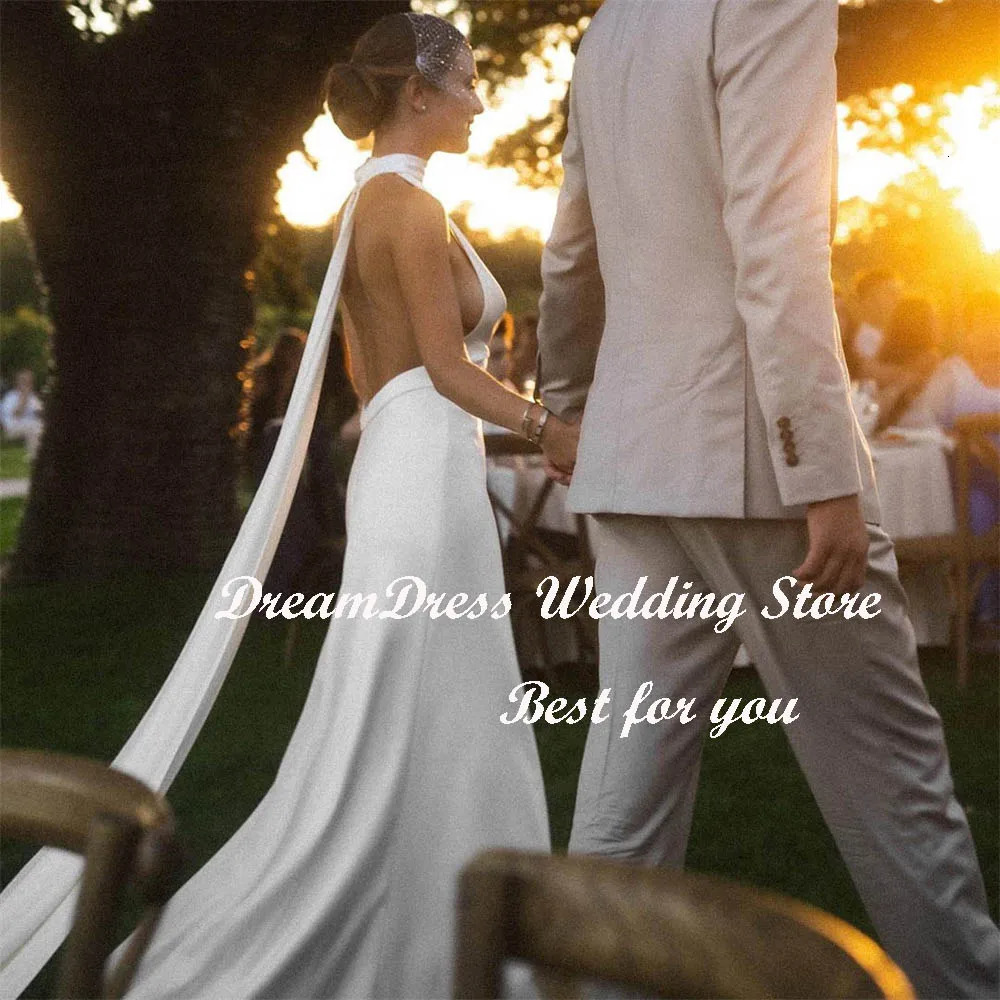 DREAM Customized Simple VNeck Halter Mermaid Crepe Wedding Dress For Women Boheimian Backless Sweep Train Bridal Gown 2025 250224