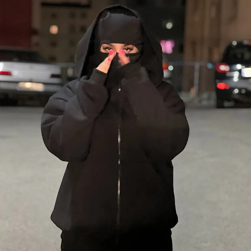 Black Cotton Zipper Hoodie Men Women Ins Masked Warm Sweatshirt Fall Winter Long-sleeved Couple Outdoor Leisure Jacket 250226 - view 5