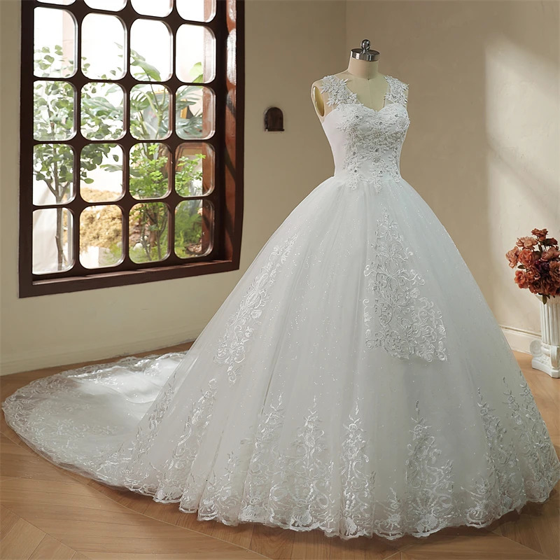 Y M Novias V Neck Sweet Plus Size Bridal Dress 2024 Wedding Long Train or Floor Length Appliqes Tulle Marriage 250224