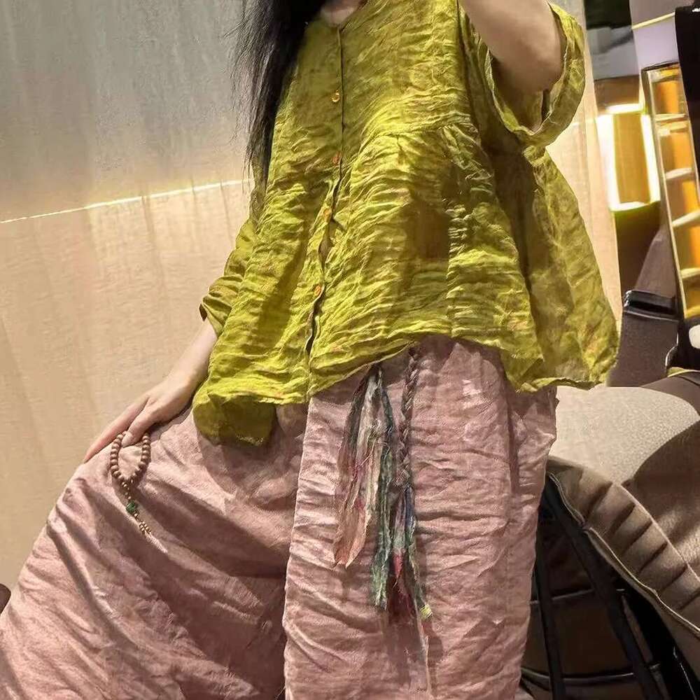 Women Loose Printed Ramie Blouse Ladies V Neck Thin Vintage Shirt 2024 Long Sleeves Cute Mori Girl Clothing Summer Blusas Mujer