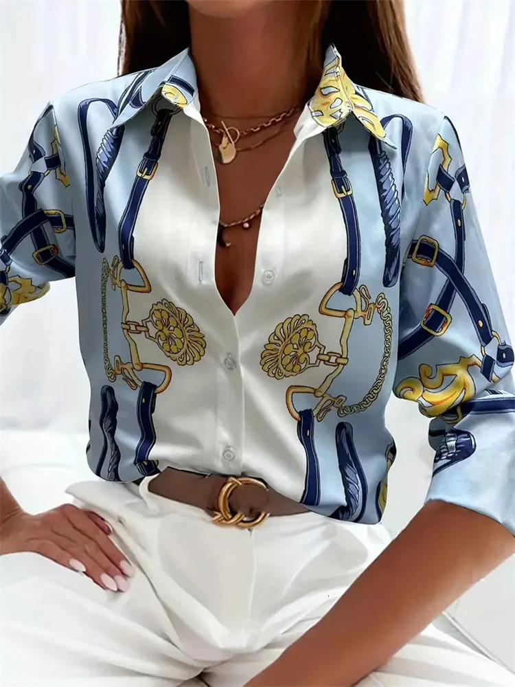 Boutique Pattern Printed Button Long Sleeve Womens Shirt Vintage Elegant Office Fashion Large Size Womens Daily Lapel Shirt 250226