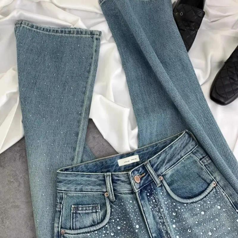 Womens Jeans Shiny Rivet For Women 2025 High Waist Straight-Leg Slim Denim Pants Diamond-Studded Washed Blue Female Tr