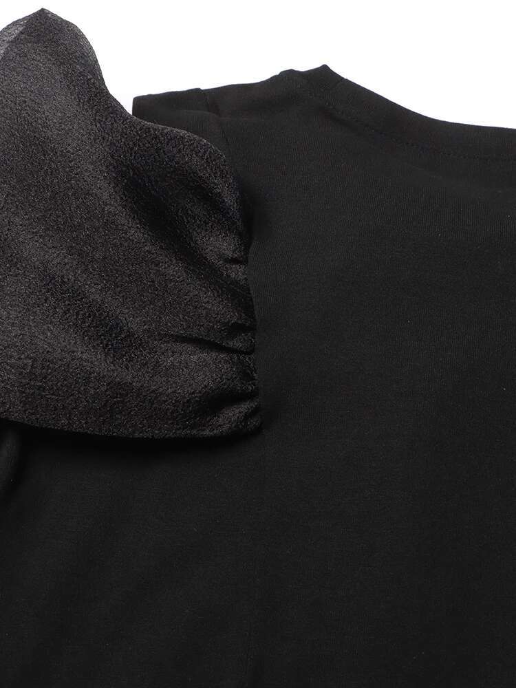 Solid Patchwork Bowknot Shirt For Women Round Neck Off Shoulder Long Sleeve Slimming Temperament T Shirts Female