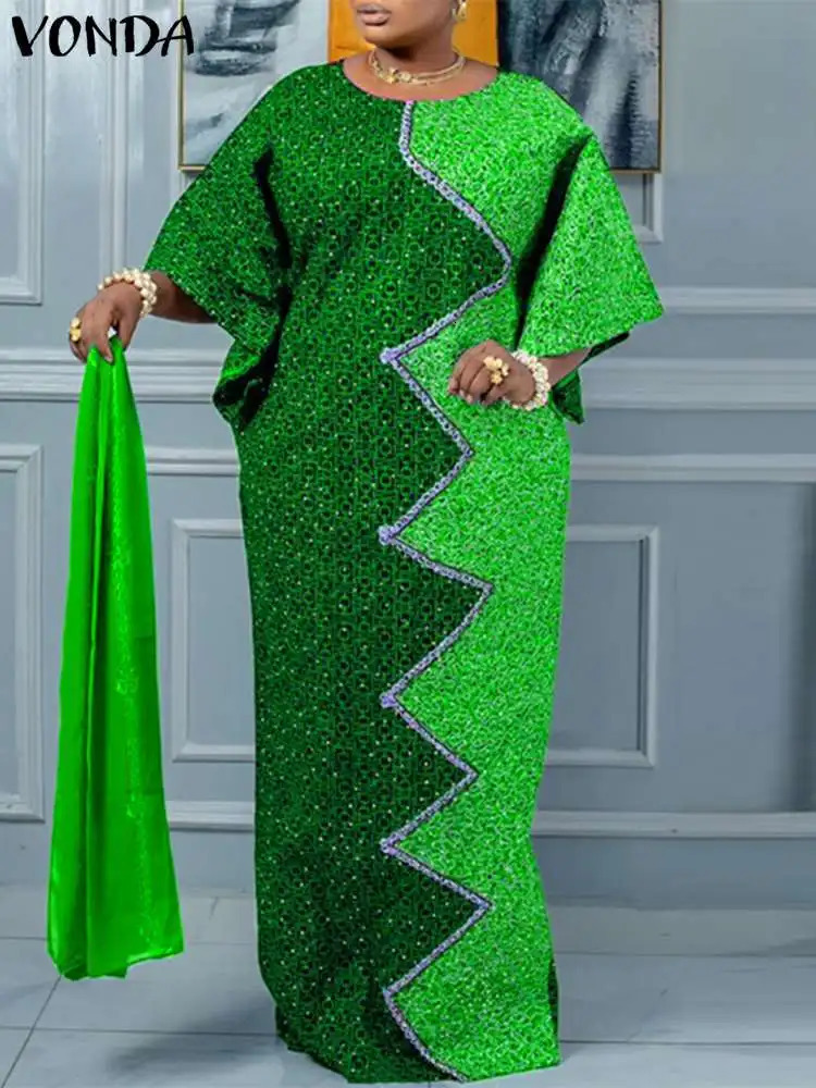 VOND Party Maxi Dress Women Elegant Printed Dress Autumn Bat-wing Sleeve Bohemian Sundress Casual Loose Dress Femme 250222