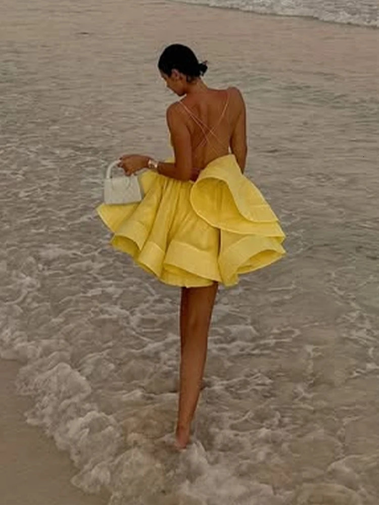 Womens Fashion Yellow Pleated A-line hem Mini Dresses Sexy Sleeveless Backless Lace-up Dress Chic Ladies Holiday Beachwear 250225