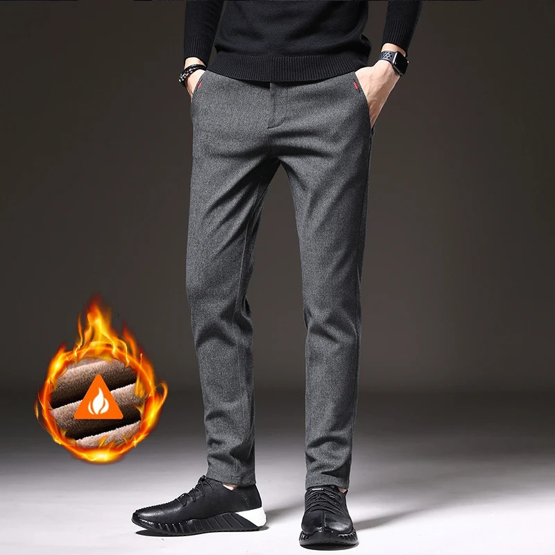 Winter Warm Mens Brushed Casual Pants Business Straight Slim Thick Fleece Trousers Plush Male Clothes 28-38 250226