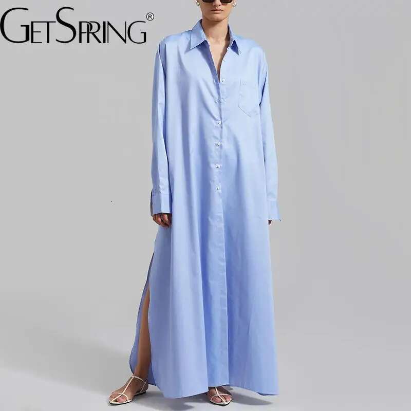 Getspring Women 2024 Autumn Solid Simple Split Full Sleeve Single Breasted Loose Casual Long Shirt Dress All Match Fashion