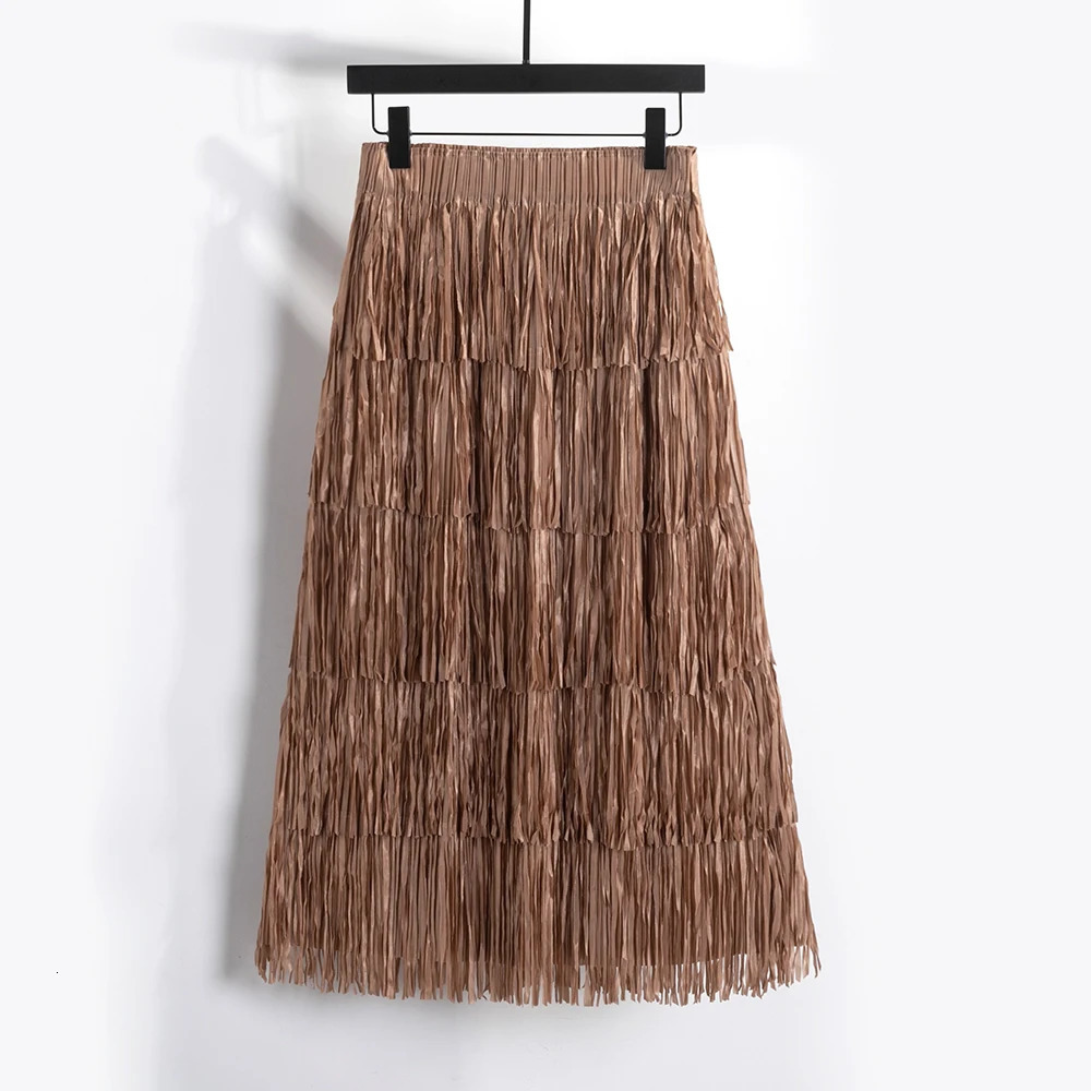 Qooth Women Casual Tassel Pleated Skirt Elegant Elastic Waist A-line Long Skirt For All Season QT2140 250225