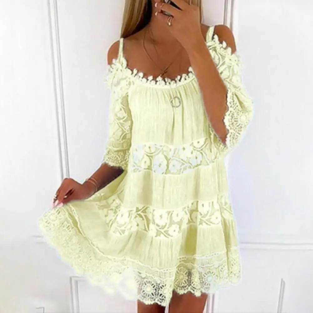 Embroidery Crochet Lace Cold Shoulder Mini Women Scoop Neck Half Sleeves Mid-Rise Loose Fit Summer Lady Beach Dress 250222