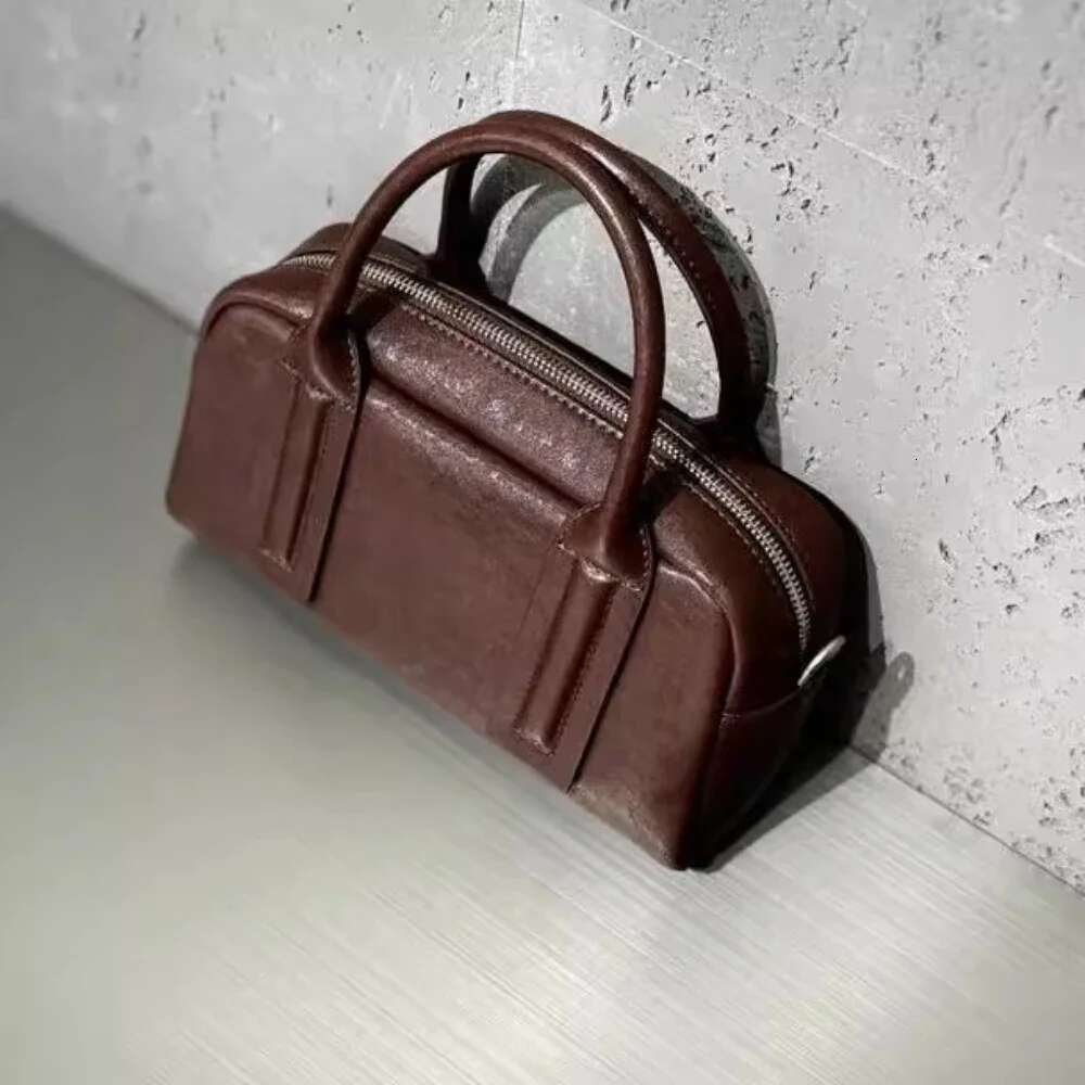 Retro Top-Grain Vegetable Tanning Cow Leather Women Bowg Boston Tote Coffee Color Cowskin Female Handbag Shoulder Bag 24Cm