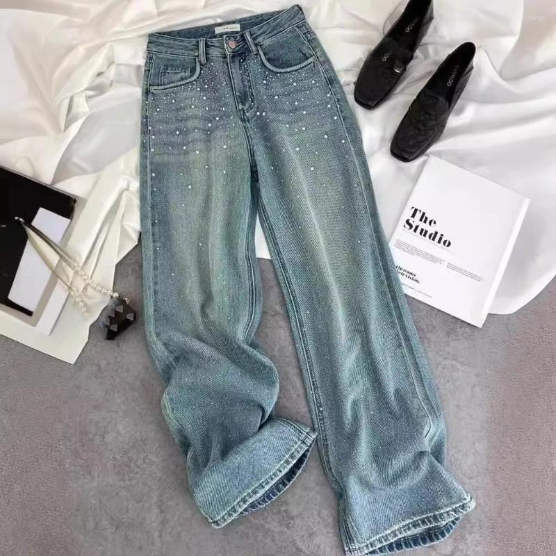 Womens Jeans Shiny Rivet For Women 2025 High Waist Straight-Leg Slim Denim Pants Diamond-Studded Washed Blue Female Tr