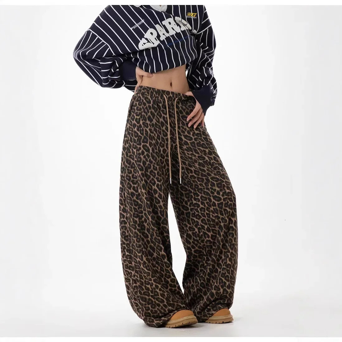 Sensibility Loose-Fit Slimming Straight-Leg Wide-Leg Dragging Pants Spring Autumn Style American Vintage Leopard Slip 250225