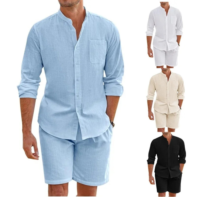 Daily Casual Breathable Cotton Linen Outfits Mens Vintage Stand Collar Button-up Shirts And Shorts Sets For Men Clothing Summer 250222