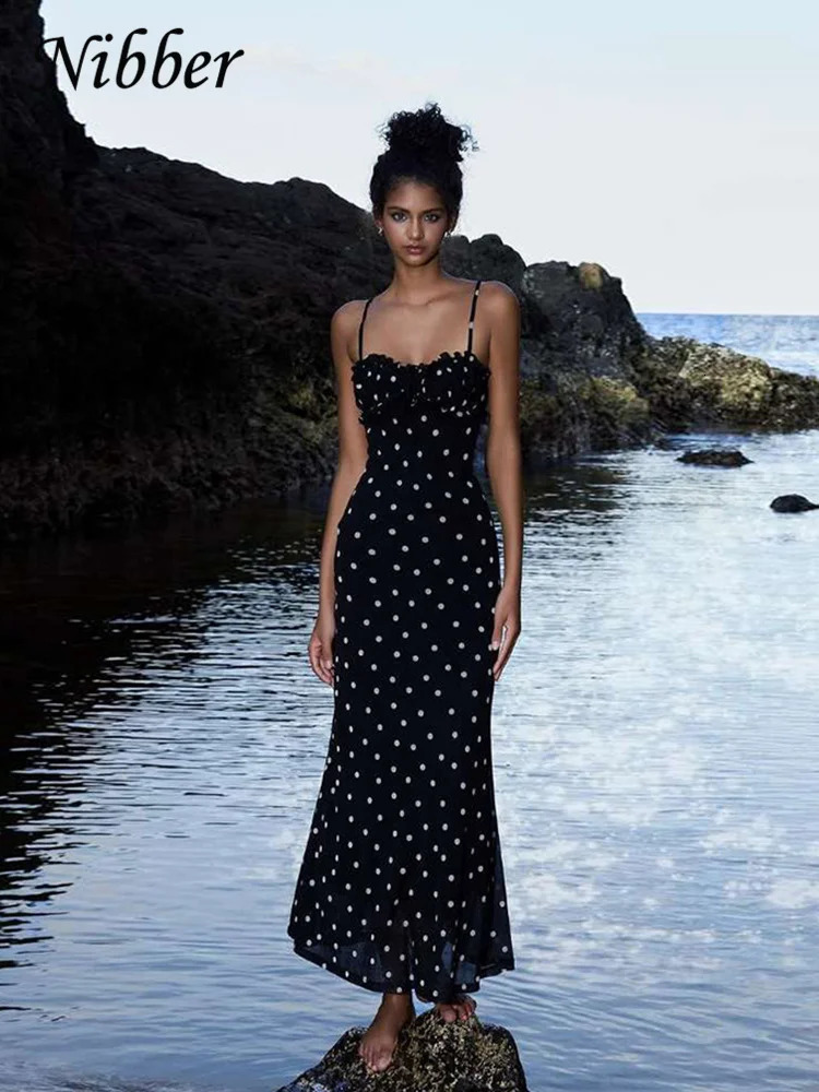 Nibber Summer Trend Slash Neck Dress Women Polka Dots Print Spaghetti Strap Solid Skinny Elegant Clubwear Maxi Bodycon Vestidos 250225