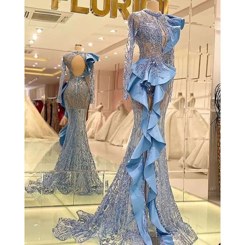 Fashion Evening Dresses Mermaid Jewel Lace Applique Decoration On Waist Side Split Hollow Court Gown Prom Dress Vestido De Noite 6660311