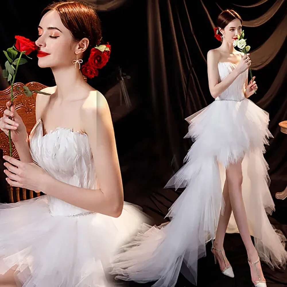 Exquisite White Strapless Evening Dresses For Women Stylish Mini Sheath With Feather Finish Up To The Floor Formal Dinner Party Tulle Dress